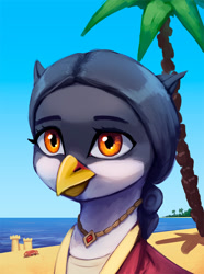 Size: 1000x1341 | Tagged: safe, artist:mrscroup, imported from derpibooru, oc, oc only, oc:geneviève volière, crab, griffon, equestria at war mod, beach, bust, clothes, female, griffon oc, jewelry, necklace, ocean, palm tree, portrait, solo, tree