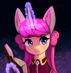 Size: 1500x1545 | Tagged: safe, artist:mrscroup, imported from derpibooru, oc, oc only, pony, unicorn, equestria at war mod, book, bust, clothes, cross, ear fluff, female, horn, magic, magic aura, mane, mare, portrait, solo, unicorn oc