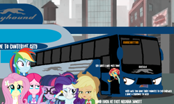 Size: 1199x720 | Tagged: artist needed, safe, artist:electrahybrida, derpibooru exclusive, imported from derpibooru, applejack, fluttershy, pinkie pie, rainbow dash, rarity, sci-twi, sunset shimmer, twilight sparkle, oc, oc:greyson the greyhound bus, human, equestria girls, 1000 hours in ms paint, bus, bus station, crying, female, goodbye, greyhound, humane five, humane seven, humane six, sad, series finale, series finale blues, tears of sadness, teary eyes, the end of equestria girls