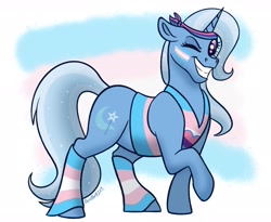 Size: 2682x2202 | Tagged: safe, artist:bella-pink-savage, artist:bellbell123, imported from derpibooru, trixie, pony, unicorn, bisexual, bisexual pride flag, bisexuality, clothes, comments locked down, face paint, female, graveyard of comments, grin, headband, headcanon, high res, lgbt headcanon, looking at you, mare, one eye closed, pride, pride flag, smiling, socks, solo, striped socks, tanktop, trans female, trans trixie, transgender, transgender pride flag, vest, wink