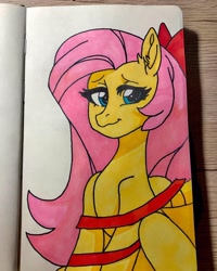 Size: 1080x1350 | Tagged: safe, artist:sunset_cake, imported from derpibooru, fluttershy, pegasus, pony, bow, female, hair bow, mare, simple background, solo, traditional art, wavy mouth, white background