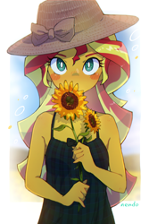 Size: 2250x3371 | Tagged: safe, artist:fuyugi, artist:nendo, imported from derpibooru, sunset shimmer, human, equestria girls, bare shoulders, blush sticker, blushing, bow, clothes, commission, cottagecore, covering mouth, cute, dress, eyelashes, female, flower, hat, high res, looking at you, shimmerbetes, sleeveless, solo, sun hat, sunflower, weapons-grade cute, white pupils