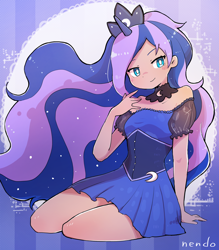 Size: 2252x2570 | Tagged: safe, artist:fuyugi, artist:nendo, imported from derpibooru, kotobukiya, princess luna, human, clothes, commission, crown, cute, dark skin, dress, female, hair, high res, horn, horned humanization, humanized, jewelry, kotobukiya princess luna, legs, looking at you, lunabetes, regalia, shoulderless, smiling, smiling at you, solo, white pupils