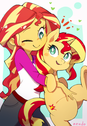 Size: 2254x3242 | Tagged: safe, artist:fuyugi, artist:nendo, imported from derpibooru, sunset shimmer, pony, unicorn, equestria girls, blushing, camp everfree outfits, carrying, clothes, cute, duo, female, happy, heart, high res, hugging a pony, human ponidox, looking at each other, mare, one eye closed, open mouth, open smile, self ponidox, shimmerbetes, smiling, smiling at each other, white pupils, wink