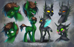 Size: 2000x1286 | Tagged: safe, artist:limreiart, imported from derpibooru, oc, oc:deserto heart, changeling, earth pony, fanfic:castle of glass, blushing, changeling oc, facial expressions, fangs, illustration, simple background