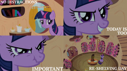 Size: 1280x720 | Tagged: safe, edit, edited screencap, editor:quoterific, imported from derpibooru, screencap, twilight sparkle, pony, unicorn, season 2, secret of my excess, eyes closed, female, golden oaks library, magic, mare, scrunchy face, smiling, solo, telekinesis, unicorn twilight