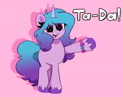 Size: 4096x3248 | Tagged: safe, artist:kittyrosie, imported from derpibooru, izzy moonbow, pony, unicorn, absurd resolution, blushing, bracelet, cute, female, g5, high res, izzybetes, jewelry, mare, open mouth, open smile, pink background, scene interpretation, simple background, smiling, solo, starry eyes, ta-da!, wingding eyes