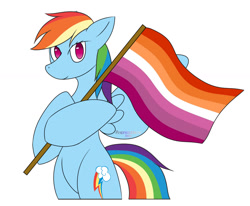 Size: 1280x1056 | Tagged: safe, artist:pokeshadow, artist:pokeskugga, imported from derpibooru, rainbow dash, pegasus, pony, bipedal, fanart, female, flag, gay, gender headcanon, headcanon, holding a flag, lesbian, lesbian dash, lesbian flag, lesbian pride flag, lgbt headcanon, looking at you, male, no pupils, pride, pride flag, pride month, simple background, solo, spread wings, standing upright, white background, wings