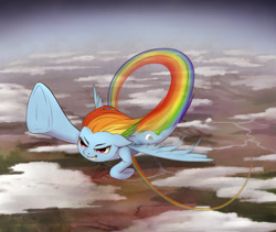 Size: 900x761 | Tagged: safe, artist:zetamad, imported from derpibooru, rainbow dash, pegasus, pony, atg 2021, cloud, eyebrows, female, floppy ears, flying, grin, mare, newbie artist training grounds, rainbow trail, scenery, smiling, solo, spread wings, wings