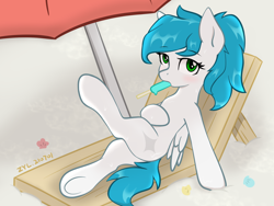 Size: 2000x1500 | Tagged: safe, artist:zylgchs, imported from derpibooru, oc, oc only, oc:cynosura, pony, alternate hairstyle, beach, crossed legs, food, popsicle, solo, summer, umbrella, wet, wet mane