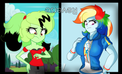 Size: 2570x1576 | Tagged: safe, artist:diamondgreenanimat0, imported from derpibooru, rainbow dash, oc, oc:diamondgreen, equestria girls, black hair, breast grab, breasts, brown eyes, busty rainbow dash, clothes, cutie mark, cutie mark on clothes, disgusted, green hair, grope, multicolored hair, purple eyes, rainbow hair, reversed, shirt, simple background, style change, surprised, sweater