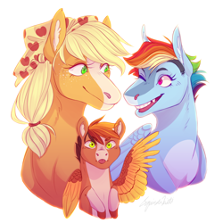 Size: 2500x2500 | Tagged: artist needed, source needed, safe, artist:squishkitti, imported from derpibooru, applejack, rainbow dash, oc, earth pony, pegasus, pony, appledash, clothes, female, high res, lesbian, looking at you, magical lesbian spawn, offspring, parent:applejack, parent:rainbow dash, parents:appledash, scarf, shipping, simple background, tongue out, white background