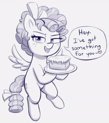 Size: 1821x2058 | Tagged: safe, artist:heretichesh, imported from derpibooru, cozy glow, pegasus, pony, cake, female, filly, flying, food, it's a trap, lidded eyes, monochrome, portal (valve), pure concentrated unfiltered evil of the utmost potency, pure unfiltered evil, simple background, solo, speech bubble, the cake is a lie, white background