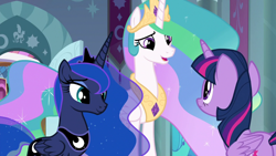 Size: 1920x1080 | Tagged: safe, imported from derpibooru, screencap, princess celestia, princess luna, twilight sparkle, alicorn, pony, season 9, the ending of the end, spoiler:s09, crown, female, jewelry, mare, regalia, royal sisters, siblings, sisters, twilight sparkle (alicorn)