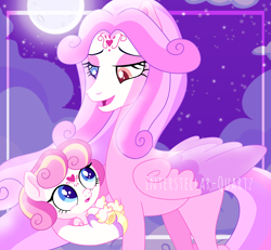 Size: 3496x3232 | Tagged: safe, artist:interstellar-quartz, imported from derpibooru, princess cadance, princess flurry heart, pegasus, pony, alternate design, alternate universe, amaryllisverse, baby, baby pony, base used, female, filly, full moon, heterochromia, high res, holding a pony, moon, mother and child, mother and daughter, pegasus cadance, pegasus flurry heart, race swap