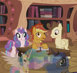 Size: 3426x3234 | Tagged: safe, artist:candyandflurry, imported from derpibooru, pound cake, princess celestia, princess flurry heart, princess luna, oc, oc:ambrose apple, alicorn, earth pony, pegasus, pony, female, golden oaks library, high res, male, mare, older, older flurry heart, older pound cake, royal sisters, siblings, sisters, stallion