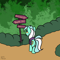 Size: 2000x2000 | Tagged: safe, artist:dafiltafish, imported from derpibooru, lyra heartstrings, pony, unicorn, atg 2021, backpack, female, high res, mare, newbie artist training grounds, road sign, sign, solo