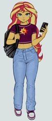 Size: 499x1162 | Tagged: safe, artist:nairdags, imported from derpibooru, sunset shimmer, equestria girls, backpack, belly button, cellphone, clothes, female, jeans, midriff, pants, phone, shoes, simple background, smartphone, solo