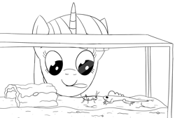 Size: 2456x1653 | Tagged: safe, artist:librarylonging, imported from derpibooru, spike, twilight sparkle, insect, lizard, pony, unicorn, black and white, cricket, cricket (insect), grayscale, lineart, monochrome, mouth hold, sports, terrarium, tweezers