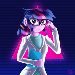 Size: 1500x1500 | Tagged: safe, artist:jphyperx, imported from derpibooru, sci-twi, twilight sparkle, equestria girls, rainbow rocks, clothes, dress, glasses, lab coat, looking at you, pencil, retrowave, scientist, simple background, solo, synthwave, triangle