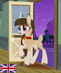 Size: 1276x1526 | Tagged: safe, artist:r4hucksake, imported from derpibooru, oc, oc only, oc:cypress, deer, blushing, cloven hooves, deer oc, entering a house, night, open door, pet collar, raised hoof, solo, stars