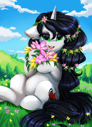 Size: 2550x3509 | Tagged: safe, artist:pridark, imported from derpibooru, oc, oc only, oc:reinina hazard, pony, unicorn, commission, cutie mark, field, flower, green eyes, high res, horn, long hair, long mane, looking at you, open mouth, outdoors, sitting, solo, unicorn oc