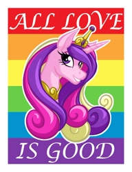 Size: 720x937 | Tagged: safe, artist:texasuberalles, imported from derpibooru, princess cadance, alicorn, pony, bust, female, gay pride flag, jewelry, looking at you, mare, pride, pride flag, regalia, smiling, solo