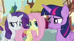 Size: 1280x720 | Tagged: safe, imported from derpibooru, screencap, fluttershy, rarity, twilight sparkle, alicorn, pegasus, pony, unicorn, maud pie (episode), season 4, female, mare, trio, trio female, twilight sparkle (alicorn)