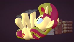 Size: 3820x2160 | Tagged: safe, artist:wissle, imported from derpibooru, sunset shimmer, pony, unicorn, 3d, atg 2021, blender, book, female, high res, lying down, mare, newbie artist training grounds, on back, reading, silly, silly pony, simple background, solo
