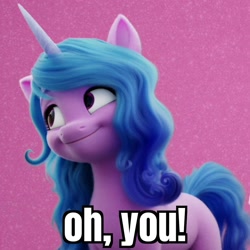 Size: 880x880 | Tagged: safe, edit, edited screencap, imported from derpibooru, screencap, izzy moonbow, pony, unicorn, spoiler:my little pony: a new generation, 3d, caption, cropped, cute, female, g5, image macro, izzybetes, mare, meme, my little pony: a new generation, oh you, smiling, solo, text