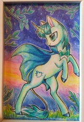 Size: 1493x2160 | Tagged: safe, artist:megabait, imported from derpibooru, oc, oc only, pony, unicorn, aquarelle, bipedal, bowtie, clothes, female, horn, mare, rearing, robe, smiling, solo, sunrise, traditional art, unicorn oc, watercolor painting