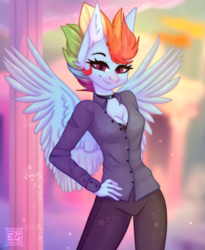 Size: 2655x3240 | Tagged: safe, artist:elektra-gertly, imported from derpibooru, rainbow dash, anthro, pegasus, alternate hairstyle, bra, breasts, choker, cleavage, clothes, ear fluff, hand on hip, high res, solo, underwear