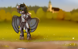 Size: 2634x1679 | Tagged: safe, artist:mediasmile666, imported from derpibooru, oc, oc only, bat pony, pony, bat pony oc, bat wings, bipedal, male, outdoors, solo, spread wings, stallion, wings