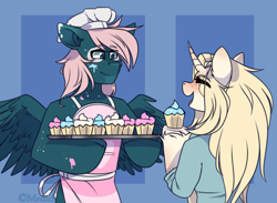 Size: 900x659 | Tagged: safe, artist:mediasmile666, imported from derpibooru, oc, oc only, pegasus, pony, unicorn, abstract background, apron, baking, bust, clothes, cupcake, curved horn, duo, female, food, hoof hold, horn, male, mare, smiling, spread wings, stallion, wings