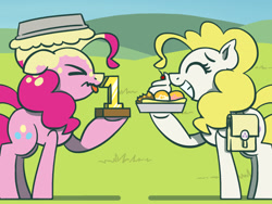 Size: 1800x1350 | Tagged: safe, artist:flutterluv, imported from derpibooru, pinkie pie, surprise, earth pony, pegasus, pony, atg 2021, bag, disgusted, food, ice cream, newbie artist training grounds, pie, pied, saddle bag, trophy