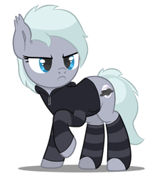 Size: 1907x2096 | Tagged: safe, artist:r4hucksake, imported from derpibooru, oc, bat pony, hybrid, base artist:jeffapegas, base used, clothes, cutie mark, fangs, female, hoodie, mare, socks, stockings, stripes, thigh highs, upset, wingless