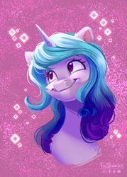 Size: 1254x1747 | Tagged: safe, artist:teaflower300, imported from derpibooru, izzy moonbow, pony, unicorn, abstract background, bust, cute, female, g5, izzybetes, mare, portrait, smiling, solo