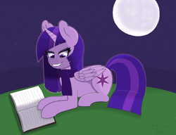Size: 5715x4383 | Tagged: safe, artist:ionlydrawtwi, derpibooru exclusive, imported from derpibooru, twilight sparkle, alicorn, pony, descended twilight, backlighting, book, clothes, ethereal mane, female, grin, hill, lying down, mare, moon, night, night sky, prone, reading, scarf, simple background, sky, smiling, solo, starry mane, starry tail, stars, twilight sparkle (alicorn)