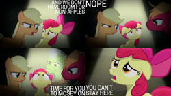 Size: 1280x720 | Tagged: safe, edit, edited screencap, editor:quoterific, imported from derpibooru, screencap, apple bloom, applejack, big macintosh, granny smith, earth pony, pony, bloom and gloom, season 5, abuse, apple bloom's bow, applejack's hat, bow, cowboy hat, female, filly, hair bow, hat, male, mare, open mouth, stallion, voice change, wide eyes