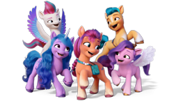 Size: 1021x594 | Tagged: safe, imported from derpibooru, hitch trailblazer, izzy moonbow, pipp petals, sunny starscout, zipp storm, earth pony, pegasus, pony, unicorn, spoiler:my little pony: a new generation, female, g5, looking at each other, male, mane five (g5), mare, my little pony: a new generation, official, simple background, stallion, transparent background