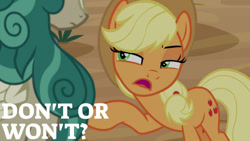 Size: 1280x720 | Tagged: safe, edit, edited screencap, editor:quoterific, imported from derpibooru, screencap, applejack, rain shine, earth pony, kirin, pony, season 8, sounds of silence, spoiler:s08, applejack's hat, cowboy hat, female, hat, mare, open mouth