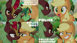 Size: 1280x720 | Tagged: safe, edit, edited screencap, editor:quoterific, imported from derpibooru, screencap, applejack, cinder glow, summer flare, earth pony, kirin, pony, season 8, sounds of silence, spoiler:s08, applejack's hat, cowboy hat, cute, female, grin, hat, jackabetes, mare, open mouth, smiling