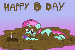 Size: 1800x1200 | Tagged: safe, artist:amateur-draw, imported from derpibooru, oc, oc only, oc:belle boue, pony, unicorn, birthday, birthday cake, cake, candle, food, happy birthday, lying down, male, mud, mud bath, mud pie, mud play, muddy, party horn, solo, stallion, wet and messy