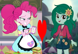 Size: 1072x740 | Tagged: safe, edit, edited screencap, imported from derpibooru, screencap, pinkie pie, wallflower blush, equestria girls, equestria girls series, five stars, let it rain, spoiler:eqg series (season 2), female, heart, lesbian, pinkieflower, server pinkie pie, shipping, shipping domino