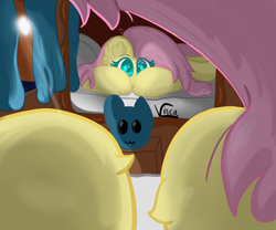 Size: 2460x2047 | Tagged: safe, artist:vinca, imported from derpibooru, fluttershy, pegasus, pony, bed, cute, female, female pov, first person view, heart eyes, high res, hooves, lying down, mare, mirror, offscreen character, offscreen female, on bed, pov, reflection, shyabetes, solo, wingding eyes, you are a pony