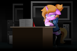 Size: 5000x3330 | Tagged: safe, artist:jhayarr23, imported from derpibooru, oc, oc only, oc:scripty, pony, unicorn, bored, clothes, computer, female, laptop computer, mare, solo