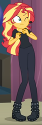 Size: 211x631 | Tagged: safe, imported from derpibooru, screencap, sunset shimmer, all the world's off stage, equestria girls, equestria girls series, all the world's off stage: pinkie pie, black pants, black shirt, boots, cropped, earpiece, one eye closed, shoes, solo