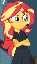 Size: 420x718 | Tagged: safe, imported from derpibooru, screencap, sunset shimmer, all the world's off stage, equestria girls, equestria girls series, cropped, crossed arms, director shimmer, female, solo