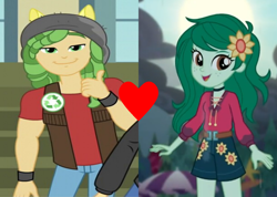 Size: 1238x882 | Tagged: safe, edit, edited screencap, imported from derpibooru, screencap, sandalwood, wallflower blush, equestria girls, equestria girls series, friendship games, let it rain, spoiler:eqg series (season 2), cropped, female, heart, male, music festival outfit, open mouth, open smile, pony ears, sandalflower, shipping, shipping domino, smiling, straight, thumbs up