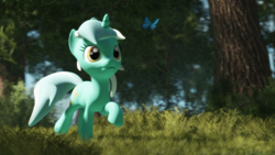 Size: 3840x2160 | Tagged: safe, artist:freasaloz, imported from derpibooru, lyra heartstrings, butterfly, pony, unicorn, 3d, grass, high res, outdoors, solo, source filmmaker, tree